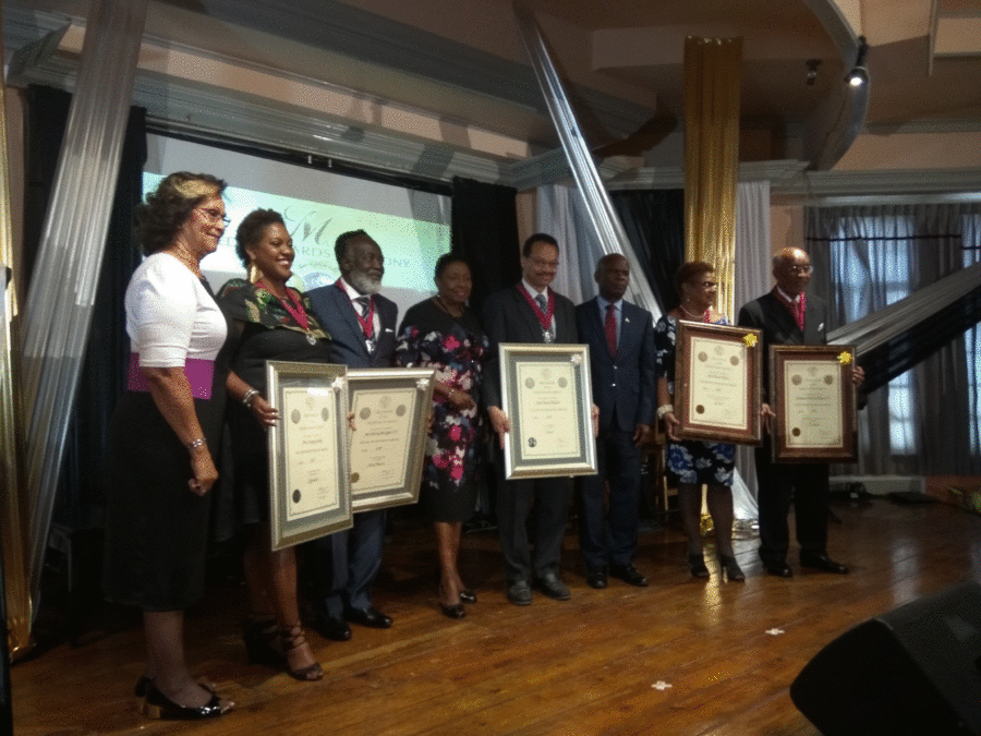 ANTHEA McGIBBON PHOTO: 2017 Musgrave Medals Award Ceremony held at the Lecture Hall, Institute of Jamaica on May 25th, 2017. In the photo the recipients except Professor Herbert Ho Ping Kong, OD who was absent are photographed with Hon. Olivia Grange CD, MP (Jamaica's Minister of Culture, Gender, Entertainment and Sport) and the Custos Rotulorum of Kingston the Hon. Steadman Fuller CD, JP.